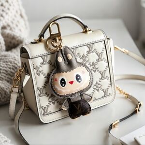 Premium Real Leather Gray Labubu Keychain Monogram Luxury Bag Charm